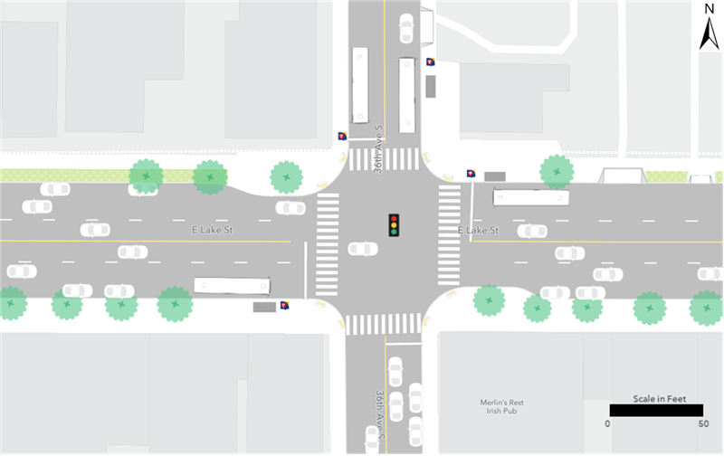 Existing Route 21 bus stops are located at the northeast and southwest corners of the intersection of Lake Street and 36th Avenue.