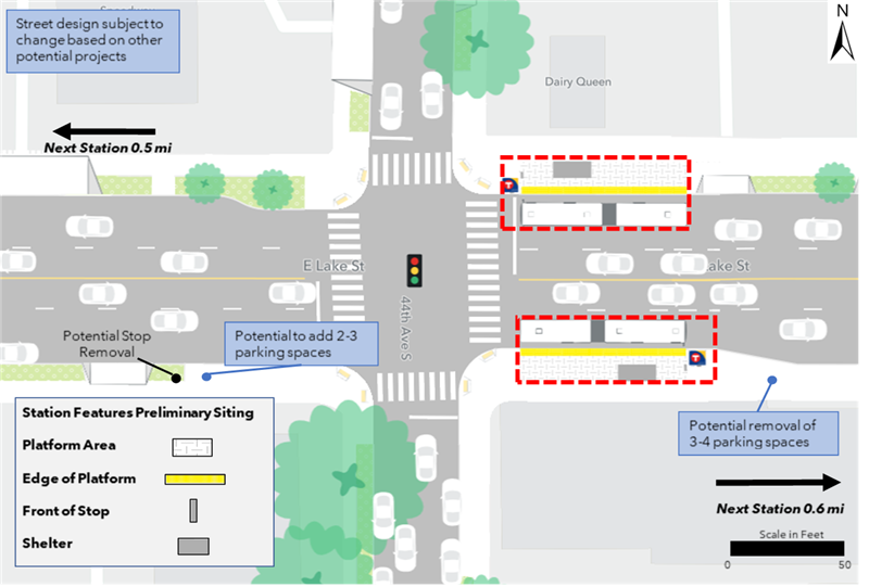 The proposed westbound platform is located at the northeast corner of the intersection of Lake Street and 44th Avenue. The proposed eastbound platform is located at the southeast corner of the intersection of Lake Street and 44th Avenue and is proposed to be constructed with a curb bumpout. The westbound platform is not anticipated to result in any changes to on-street parking; however, the eastbound platform would result in the potential removal of 3 to 4 parking spaces. In the eastbound direction, 2 to 3 parking spaces could potentially be added where buses currently stop. The next westbound and eastbound stations are located 0.5 miles and 0.6 miles away respectively.