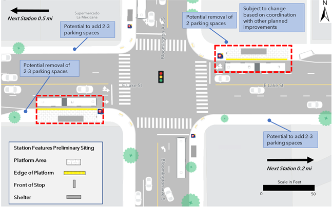 The proposed westbound platform is located at the northeast corner of the intersection of Lake Street and Bloomington Avenue. The proposed eastbound platform is located at the southwest corner of the intersection of Lake Street and Bloomington Avenue. Both platforms are proposed to be constructed with curb bumpouts. Each platform could result in the removal of 2-3 parking spaces; however, the same number of parking spaces could potentially be added where buses currently stop. The next westbound and eastbound stations are located 0.5 miles and 0.2 miles away respectively.