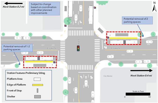 The proposed westbound platform is located at the northeast corner of the intersection of Lake Street and Cedar Avenue. The proposed eastbound platform is located at the southwest corner of the intersection of Lake Street and Cedar Avenue. Both platforms are proposed to be constructed with curb bumpouts. Each platform would result in the potential removal of 1 to 2 parking spaces. The next westbound and eastbound stations are located 0.2 miles and 0.4 miles away respectively.