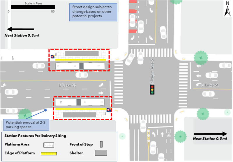 The proposed westbound platform is located at the northwest corner of the intersection of Lake Street and Chicago Avenue. The proposed eastbound platform is located at the southwest corner of the intersection of Lake Street and Chicago Avenue and is proposed to be constructed with a curb bumpout. The westbound platform is not anticipated to result in any changes to on-street parking; however, the eastbound platform would result in the potential removal of 2 to 3 spaces. The next westbound and eastbound stations are located 0.3 miles and 0.5 miles away respectively.