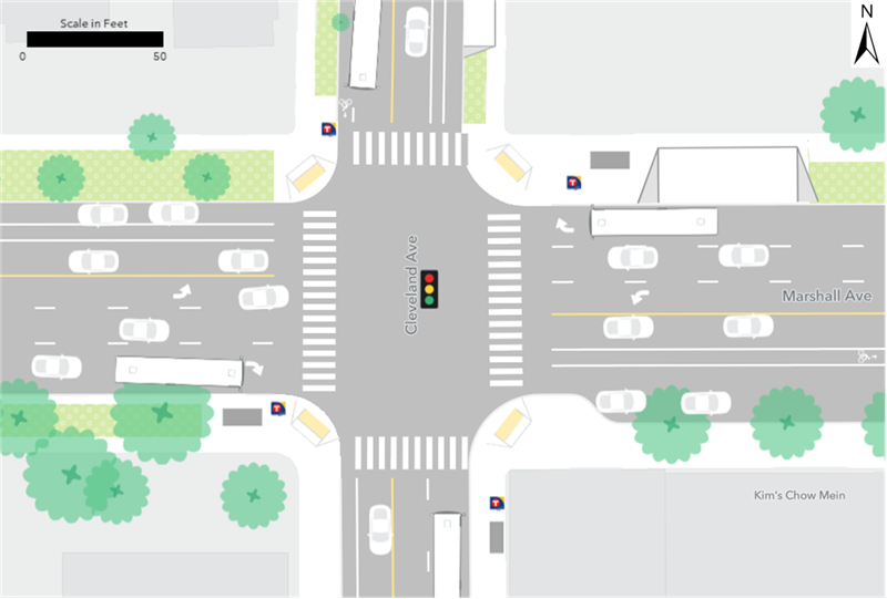 Existing Route 21 bus stops are located at the northeast and southwest corners of the intersection of Marshall Avenue and Cleveland Avenue.