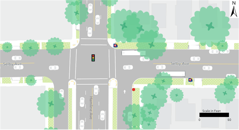 Existing Route 21 bus stops are located at the northeast and southeast corners of the intersection of Selby Avenue and Hamline Avenue.