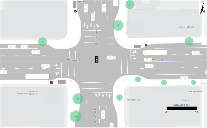 Existing Route 21 bus stops are located at the northeast and southwest corners of the intersection of Lake Street and Lyndale Avenue.