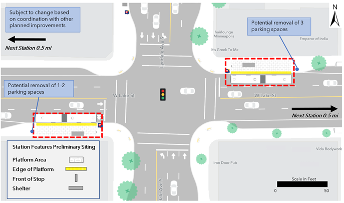 The proposed westbound platform is located at the northeast corner of the intersection of Lake Street and Lyndale Avenue. The proposed eastbound platform is located at the southwest corner of the intersection of Lake Street and Lyndale Avenue. Both platforms are proposed to be constructed with curb bumpouts. Platforms would result in the potential removal of 1-3 parking spaces. The next westbound and eastbound stations are located 0.5 miles away.