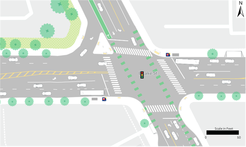 Existing Route 21 bus stops are located at the northeast and southwest corners of the intersection of Lake Street and Minnehaha Avenue.