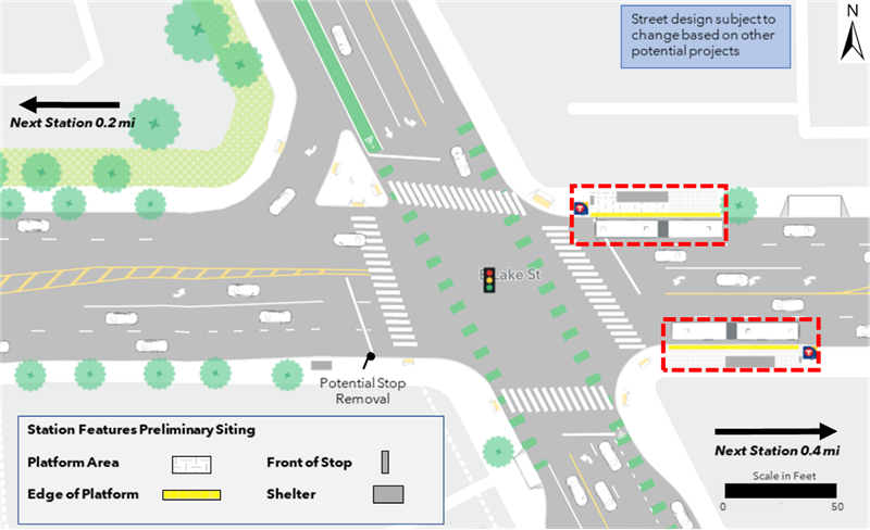 The proposed westbound platform is located at the northeast corner of the intersection of Lake Street and Minnehaha Avenue. The proposed eastbound platform is located at the southeast corner of the intersection of Lake Street and Minnehaha Avenue. No parking changes are proposed. The next westbound and eastbound stations are located 0.2 miles and 0.4 miles away respectively.