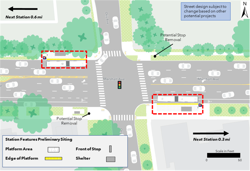 The proposed westbound platform is located at the northwest corner of the intersection of Marshall Avenue and Otis Avenue. The proposed eastbound platform is located at the southeast corner of the intersection of Marshall Avenue and Otis Avenue. No parking changes are proposed. The next westbound and eastbound stations are located 0.6 miles and 0.3 miles away respectively.