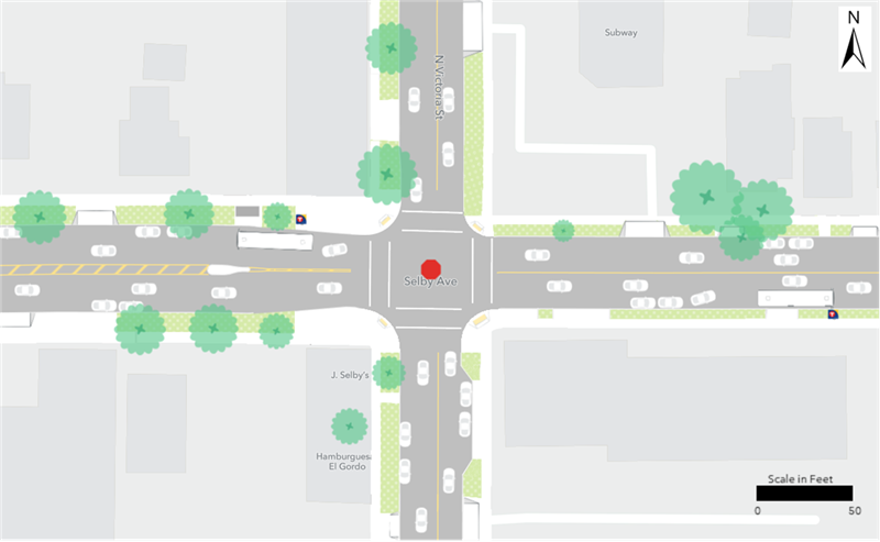 Existing Route 21 bus stops are located at the northwest and southeast corners of the intersection of Selby Avenue and Victoria Street.