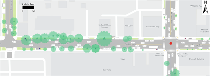 Existing Route 21 bus stops are located at the northeast and southwest corners of the intersection of Selby Avenue and Western Avenue and at the northeast and southeast corners of the intersection of Selby Avenue and Arundel Street.