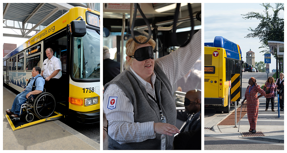 A rider in a wheelchair exits the bus; an operator experiences what it's like to ride without being able to see; curb cuts improve access to bus stops.