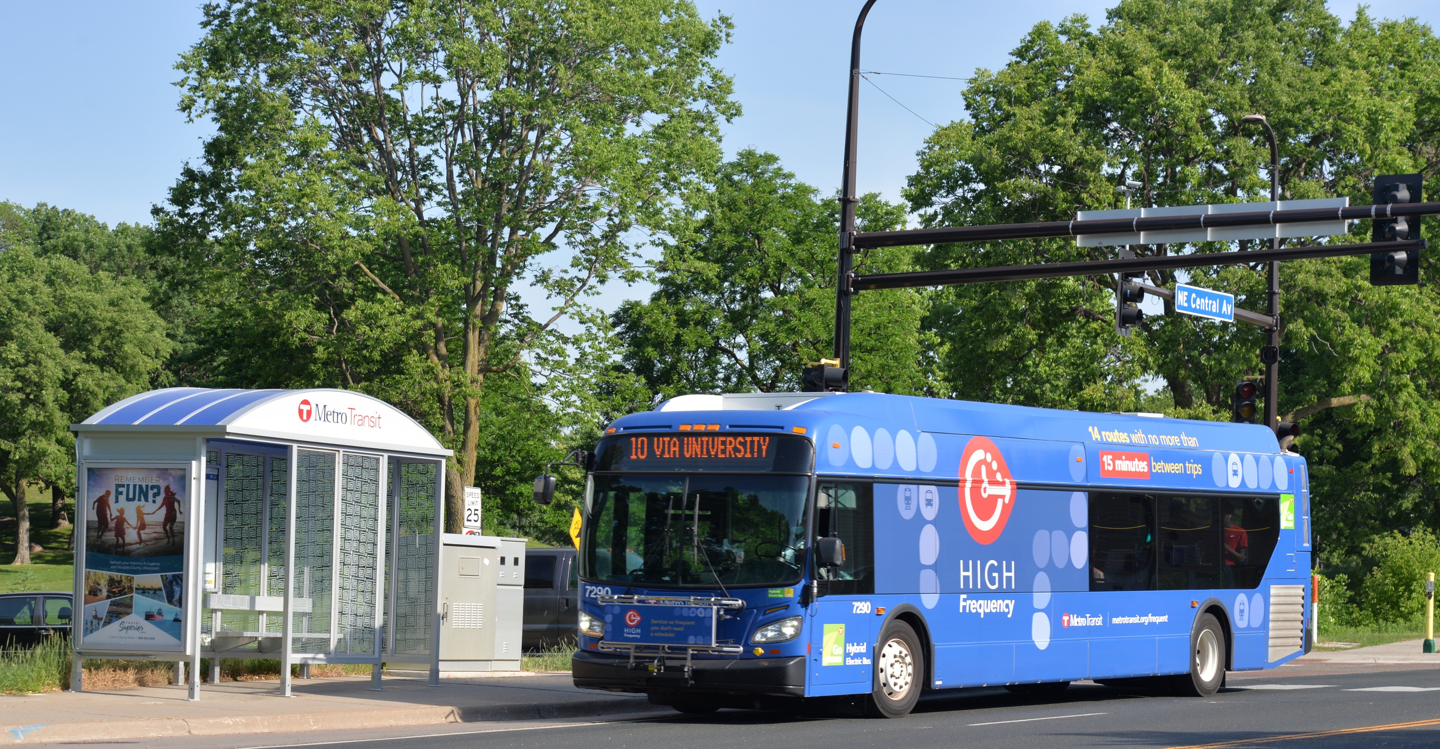 A bus shelter at the corner of Central Avenue and Saint Anthony Parkway, in Northeast Minneapolis.