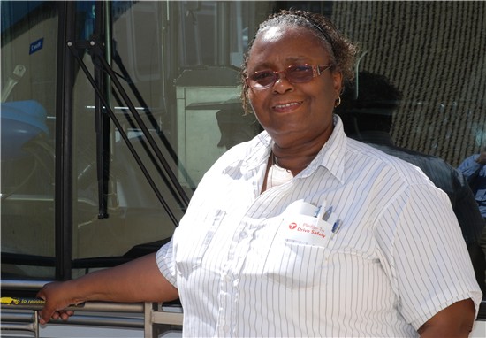 Operator Lillie Loving drives the Route 5 bus between Minneapolis and the Mall of America. 