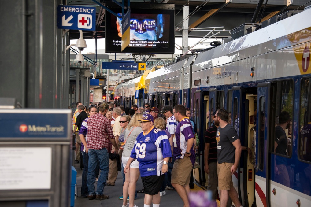 Fans exit Metro Transit's light rail at U.S. Bank Stadium Station in Minneapolis.