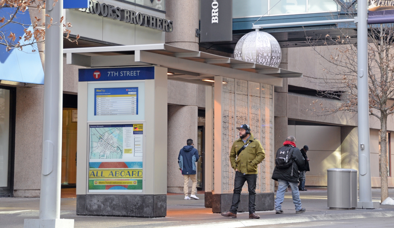 A bus shelter on Nicollet Mall includes heat, light and real-time signs.