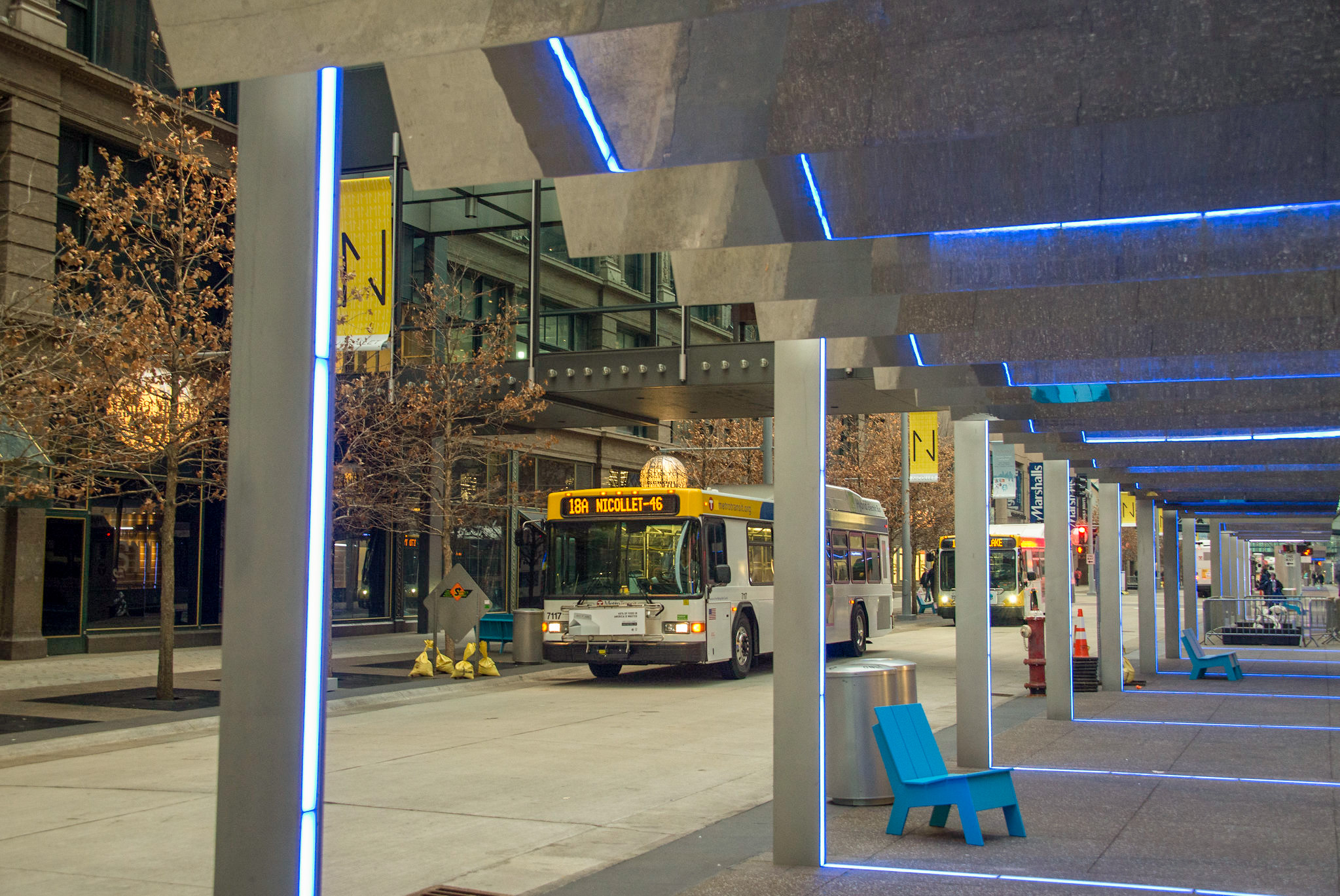 A Route 18 bus travels on Nicollet Mall in Minneapolis.