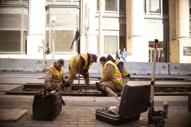 Track maintainers at work on the METRO Blue Line in downtown Minneapolis.