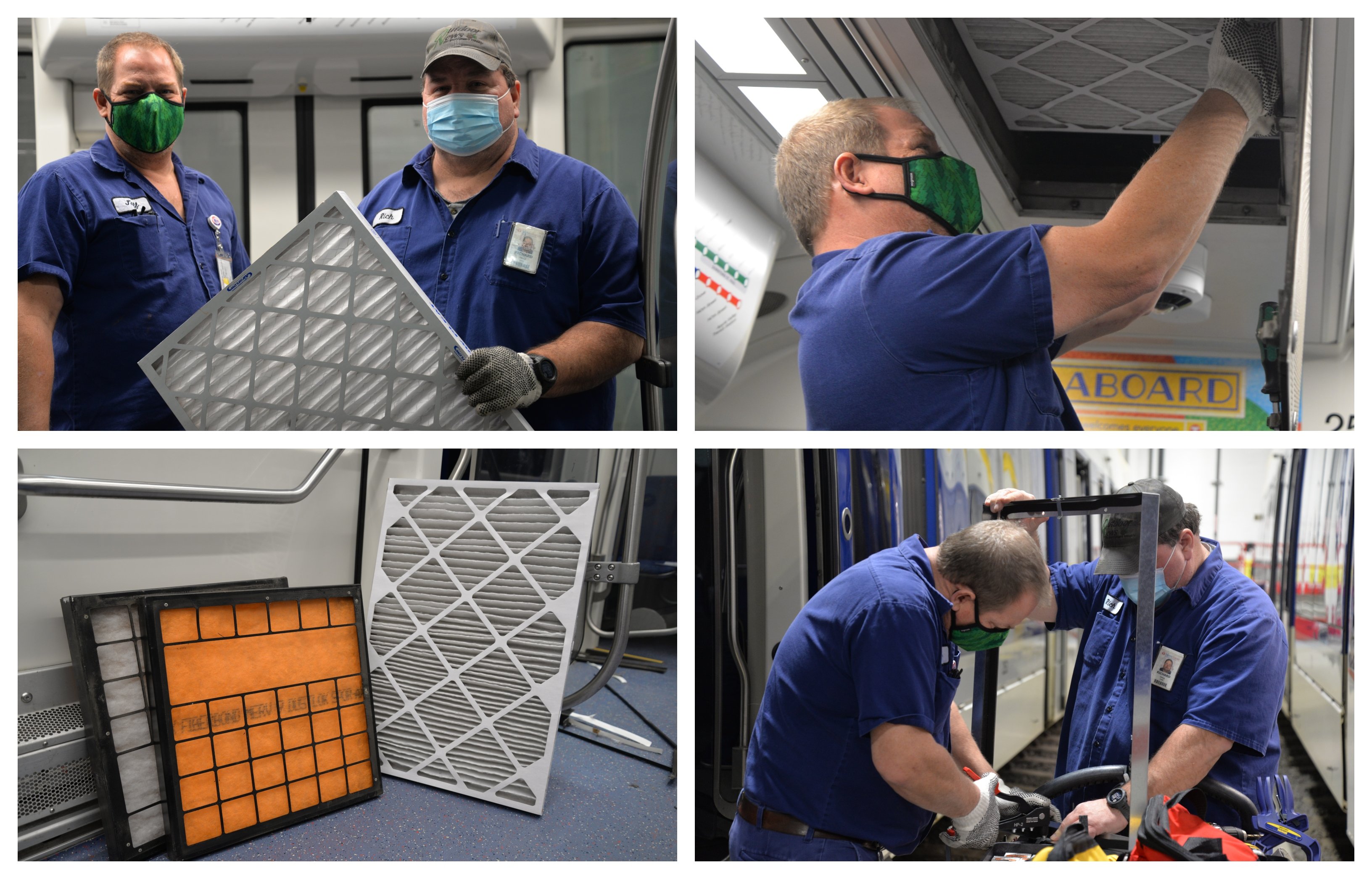 Light rail technicians install new air filters inside a light rail vehicle.