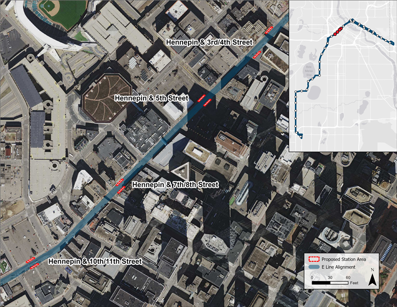 Aerial of Hennepin Avenue Downtown Stations proposed station locations. Hennepin & 3rd/4th Street northbound platform proposed farside of 4th St, southbound platform proposed farside of 3rd St. Hennepin & 5th Street northbound platform proposed nearside of 5th St, southbound platform proposed farside of 5th St. Hennepin & 7th/8th Street northbound platform proposed farside of 8th St, southbound platform nearside of 8th St. Hennepin & 10th/11th Street northbound and southbound platform midblock.