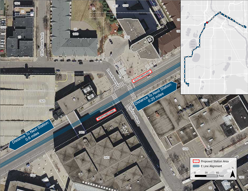 Aerial map of Hennepin & Spruce/Laurel proposed station location. Northbound platform proposed nearside of Spruce/Laurel. Southbound platform proposed nearside of Spruce/Laurel.