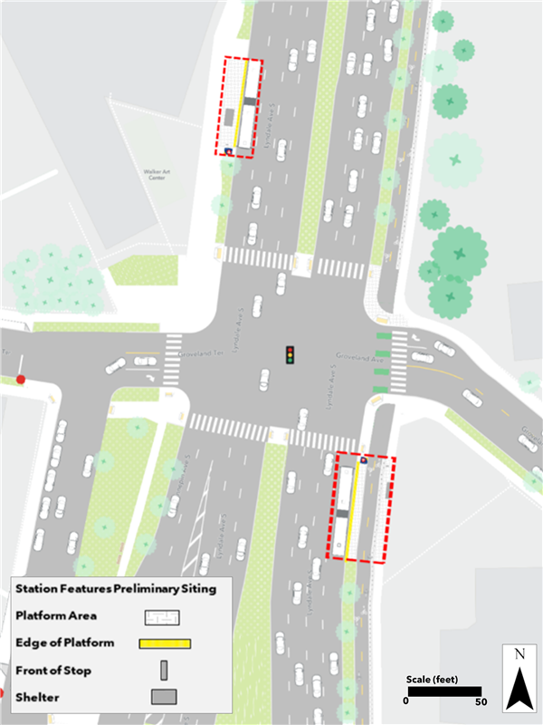 Proposed Hennepin & Groveland station plan. Northbound curbside platform proposed nearside of Groveland. Southbound curbside platform proposed nearside of Groveland.