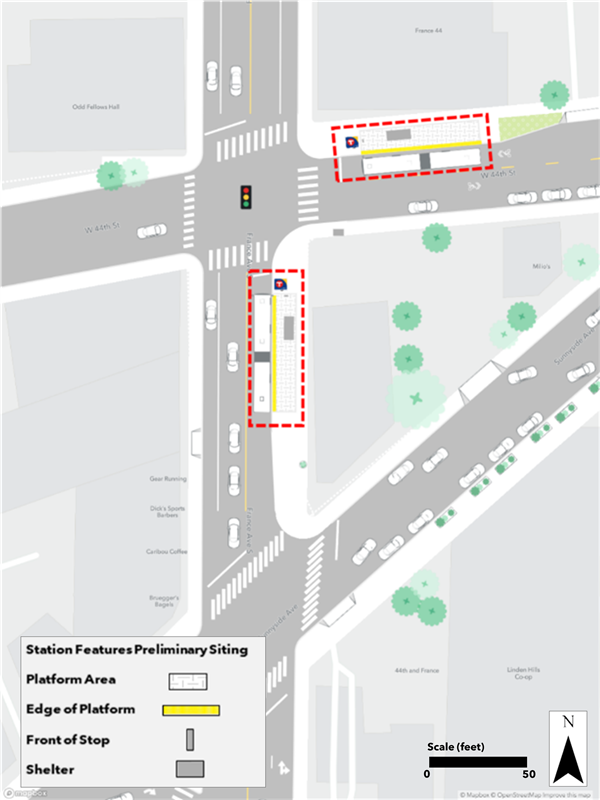 Proposed France & 44th Street station plan. Northbound bumpout platform proposed nearside of 44th Street. Southbound bumpout platform proposed nearside of France.