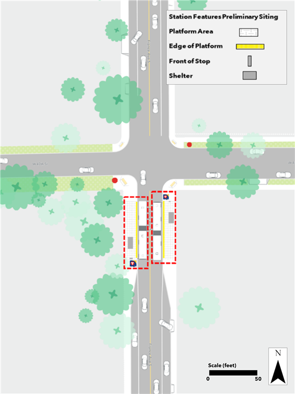 Proposed France & 47th Street station plan. Northbound bumpout platform proposed nearside of 47th Street. Southbound bumpout platform proposed farside of 47th Street