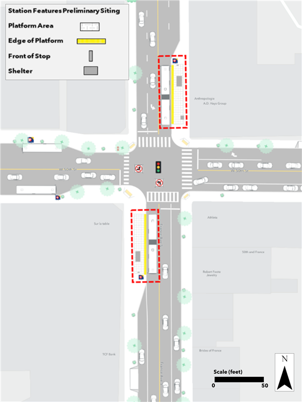 Proposed France & 50th Street station plan. Northbound bumpout platform proposed farside of 50th Street. Southbound bumpout platform proposed farside of 50th Street.