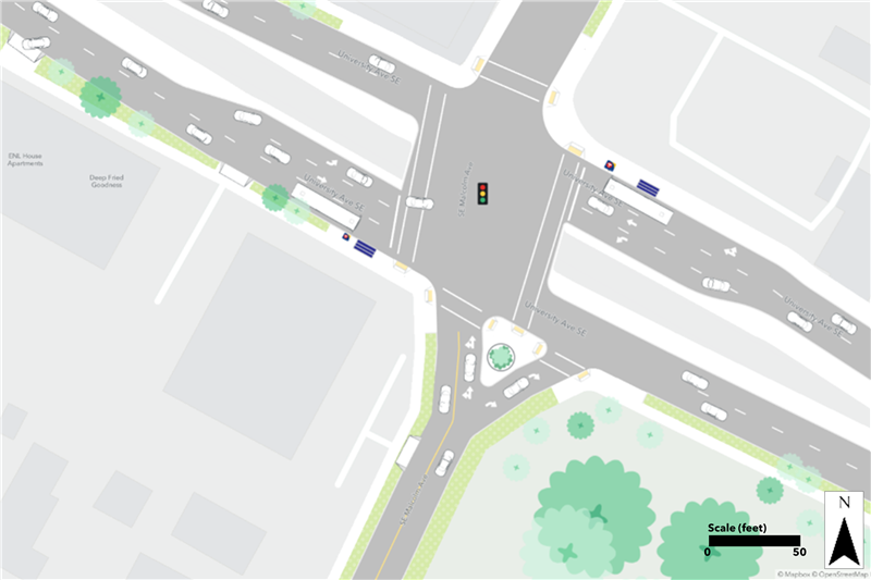 Map of existing conditions at the University & Malcolm Station area.