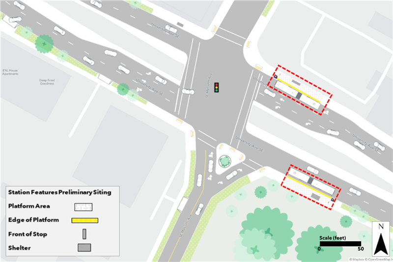 Map of proposed University & Malcolm Station plan. Northbound curbside platform proposed farside of Malcolm Street. Southbound curbside platform proposed nearside of Malcolm Street.