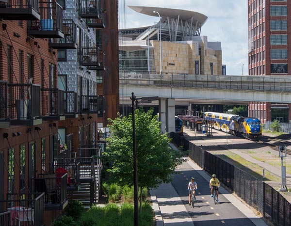 Northstar train near development in Warehouse/North Loop